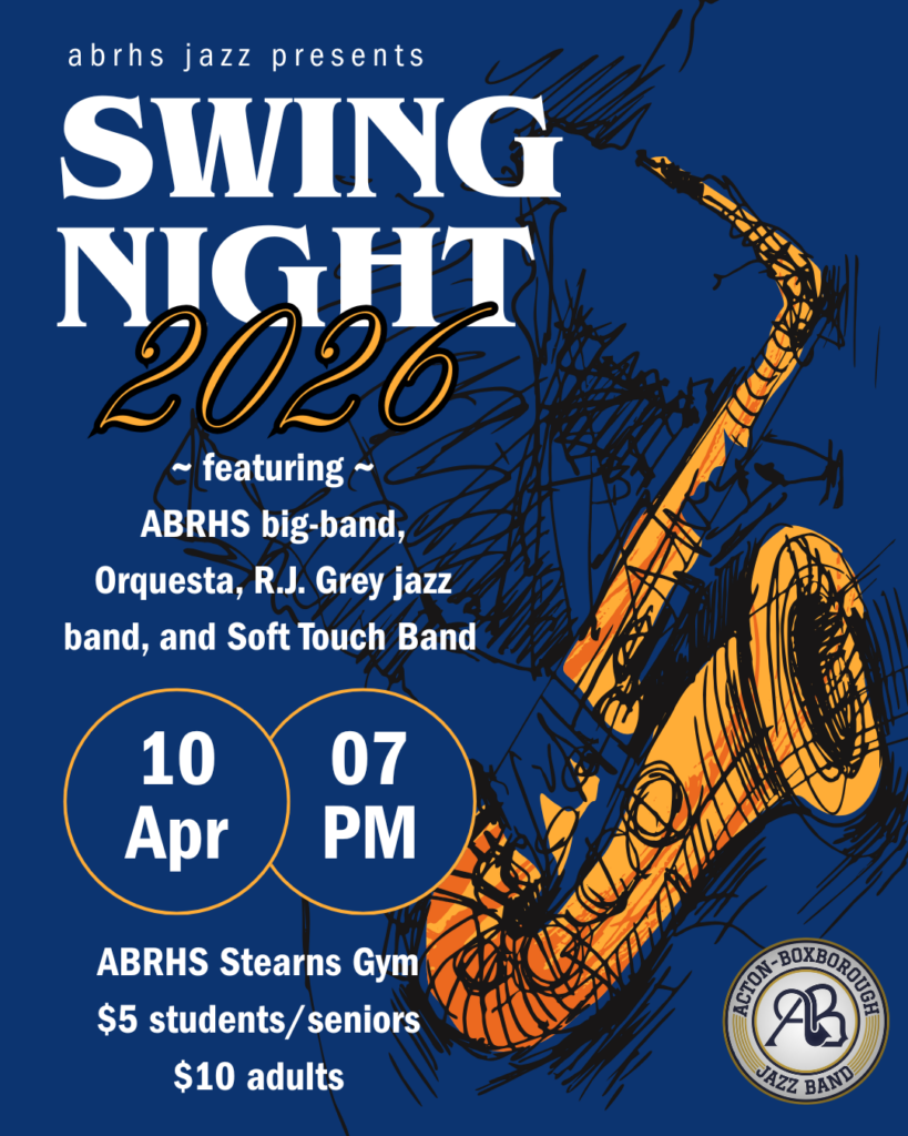 ABRHS jazz presents SWING NIGHT 2026

featuring ~
ABRHS big-band, Orquesta, R.J. Grey jazz band, and Soft Touch Band

10 Apr
07 PM

ABRHS Stearns Gym
$5 students/seniors
$10 adults
